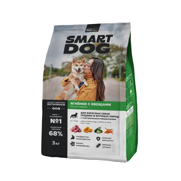 Smart Dog - Сухой корм для взрослых собак средних и крупных пород с чувствительным пищеварением, с Ягненком