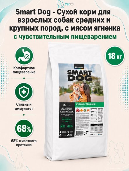Smart Dog - Сухой корм для взрослых собак средних и крупных пород с чувствительным пищеварением, с Ягненком