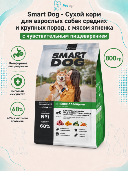 Smart Dog - Сухой корм для взрослых собак средних и крупных пород с чувствительным пищеварением, с Ягненком