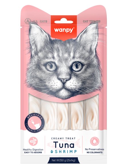 Wanpy Cat - Лакомство для кошек &amp;quot;нежное пюре&amp;quot; из тунца и креветками 25 шт х14 г