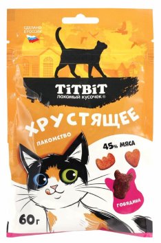 TiTBiT - Лакомство для кошек, хрустящее с говядиной, 60 г