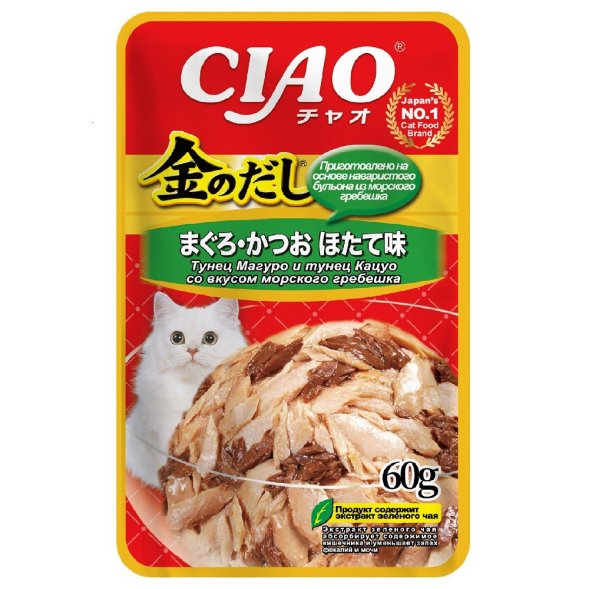 Inaba Ciao Kinnodashi - Влажный корм для кошек, тунец магуро и тунец кацуо со вкусом морского гребешка, 60 г
