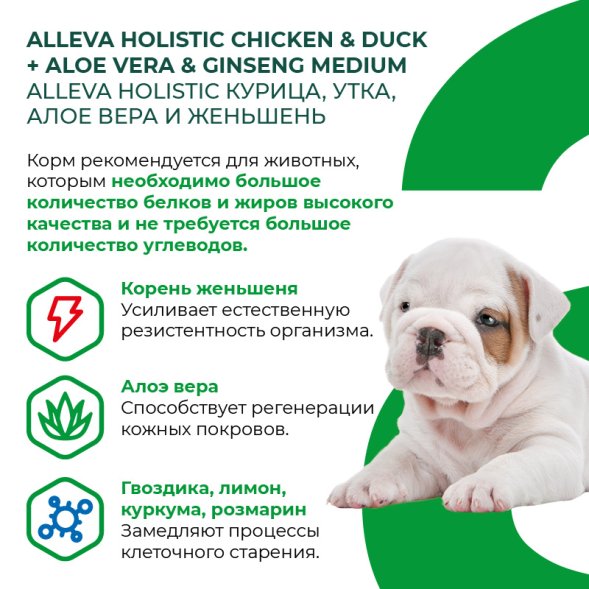 Alleva Холистик - Сухой беззерновой корм для взрослых собак средних пород, Курица с Уткой, Алоэ Вера и Женьшенем