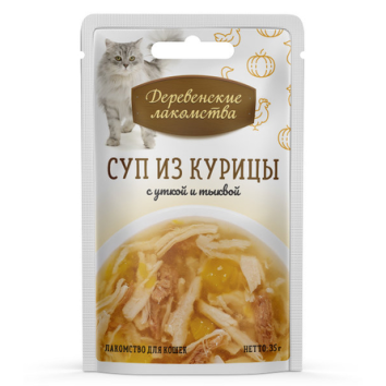 Деревенские лакомства - паучи для кошек, Суп с курицей, утка, тыква 35гр