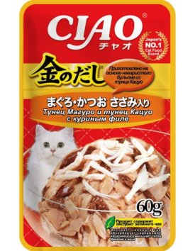 Inaba Kinnodashi - Пауч для взрослых кошек с куриным филе и стружкой тунца в желе, 60гр