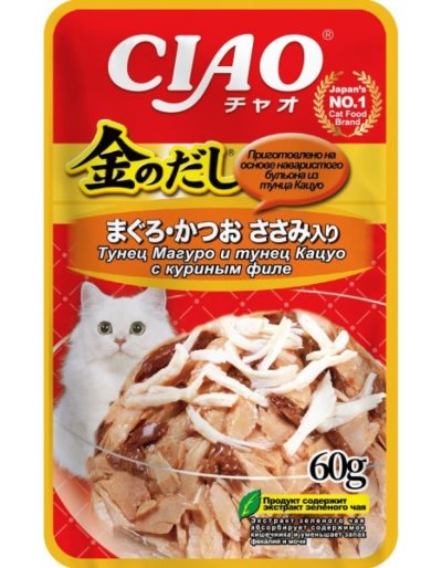 Inaba Kinnodashi - Пауч для взрослых кошек с куриным филе и стружкой тунца в желе, 60гр