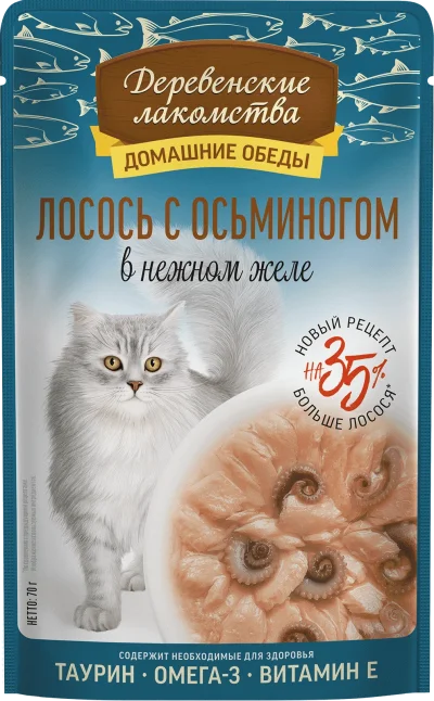 Деревенские Лакомства - Консервы для кошек, Лосось с Осьминогом в нежном желе, 70 гр
