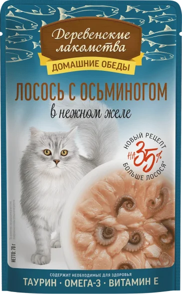 Деревенские Лакомства - Консервы для кошек, Лосось с Осьминогом в нежном желе, 70 гр