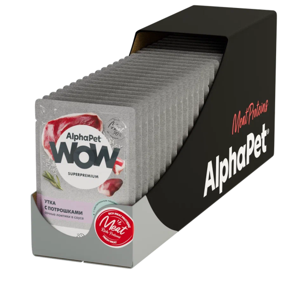 AlphaPet Wow СуперПремиум - Пауч для кошек с чувствительным пищеварением, сочные ломтики утки с потрошками в соусе, 85гр