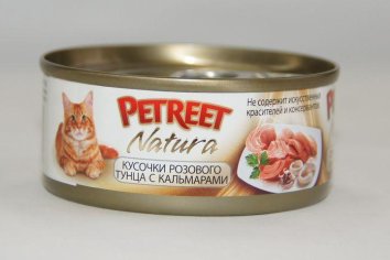Petreet -  Консервы для кошек кусочки розового тунца с кальмарами 70 г