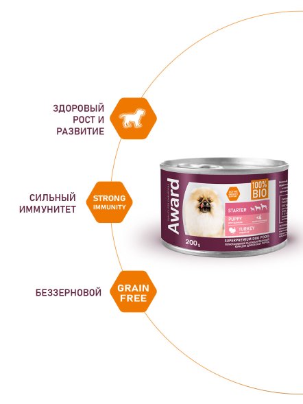 Award - Влажный корм для щенков с начала прикорма до 4 месяцев, беременных и кормящих сук паштет из индейки 200г