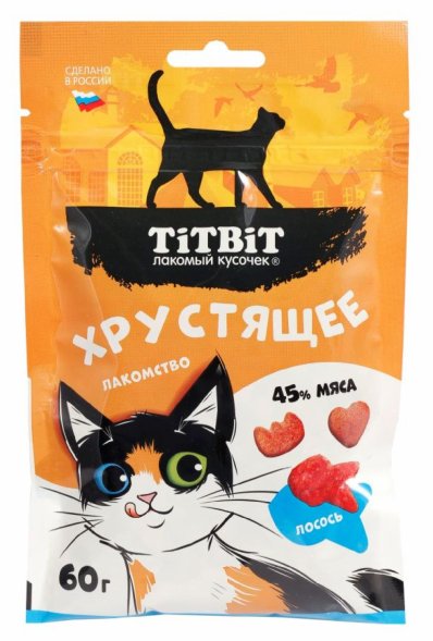 TiTBiT - Лакомство для кошек, хрустящее с лососем, 60г