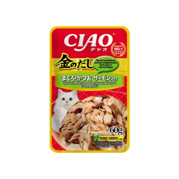 Inaba Ciao Kinnodashi - Пауч для кошек, тунец магуро и тунец кацуо с палтусом, 60 г