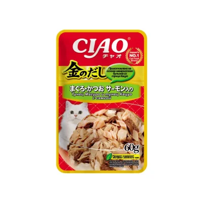 Inaba Ciao Kinnodashi - Пауч для кошек, тунец магуро и тунец кацуо с палтусом, 60 г