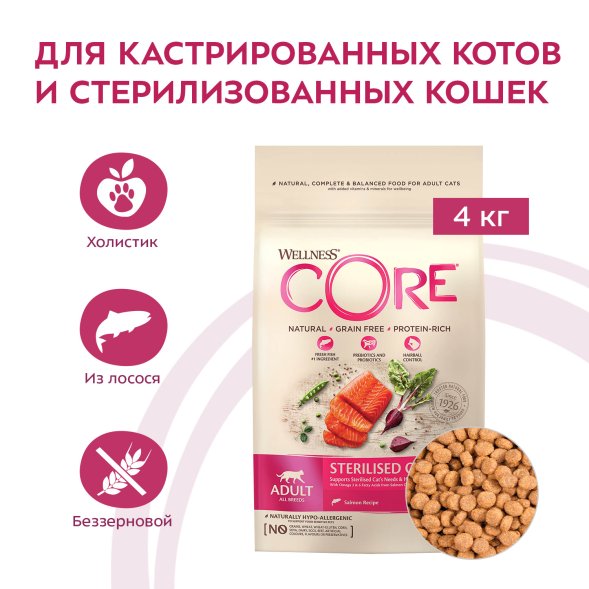 Core Sterilised - Корм для стерилизованных кошек и кастрированных котов, с лососем