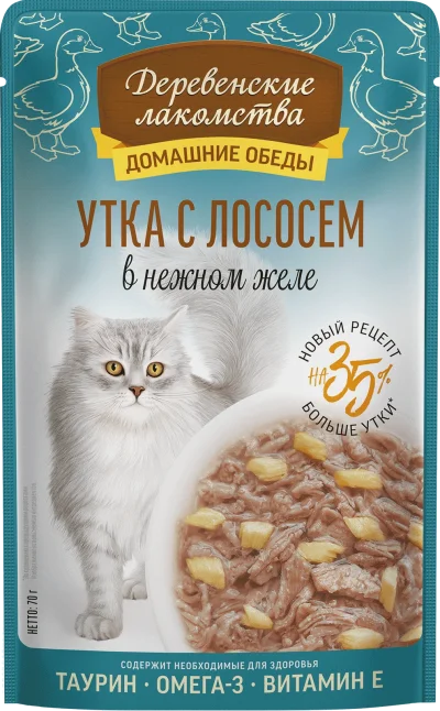 Деревенские Лакомства - Консервы для кошек, Утка с Лососем в нежном желе, 70 гр