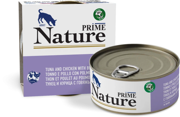 Prime Nature - Консервы для собак, курица и тунец с говяжьим легким в бульоне, 150 гр