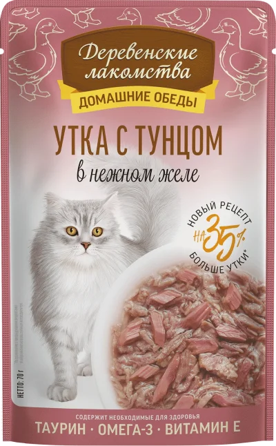 Деревенские Лакомства - Консервы для кошек, Утка с Тунцом в нежном желе, 70 гр