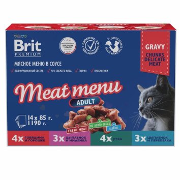 Brit - Набор паучей &amp;quot;Мясное меню в соусе для взрослых кошек&amp;quot;, 14шт*85 гр