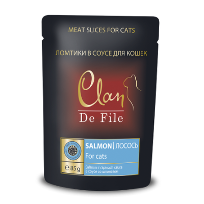 Clan De File - Паучи для кошек с лососем и шпинатом в соусе 85 гр