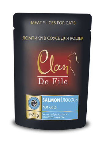 Clan De File - Паучи для кошек с лососем и шпинатом в соусе 85 гр