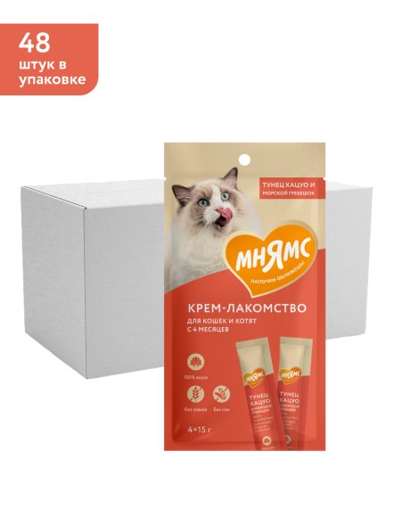 Мнямс - Крем-лакомство для кошек с тунцом Кацуо и морским гребешком 15 г х 4 шт.