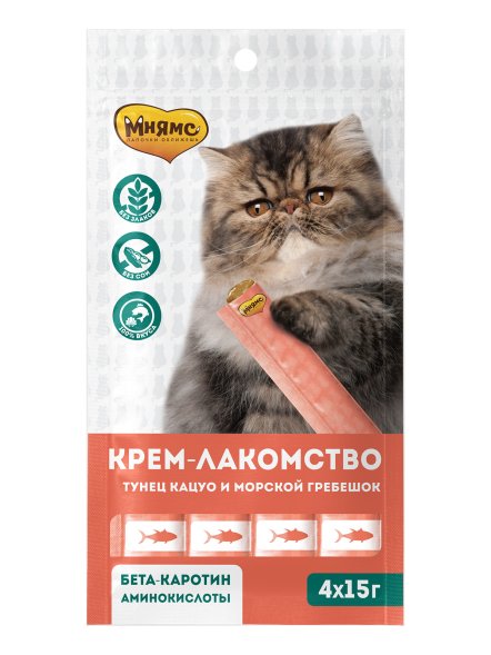Мнямс - Крем-лакомство для кошек с тунцом Кацуо и морским гребешком 15 г х 4 шт.