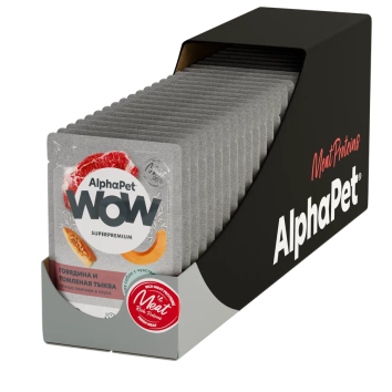 AlphaPet Wow СуперПремиум - Пауч для собак с чувствительным пищеварением, сочные ломтики говядины и томленая тыква в соусе, 85гр
