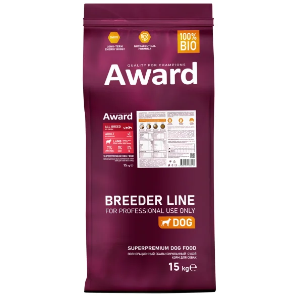 Award PFB - Сухой корм для взрослых собак всех пород с Ягненком и Индейкой с добавлением Яблока и Черники 15кг