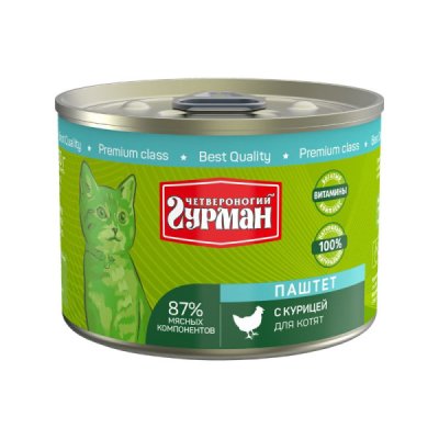 Четвероногий гурман - Корм консервированный для котят, Паштет с курицей, 190г Четвероногий гурман - Корм консервированный для котят, Паштет с курицей, 190г
