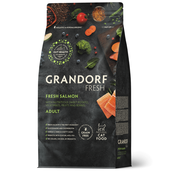 Grandorf Fresh Cat Salmon - Сухой корм для взрослых кошек, для здоровья кожи и шерсти или склонных к аллергии, с лососем и бататом