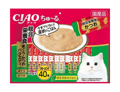 INABA - Комплексное питательное лакомство для кошек, бонито и желтоперый тунец 14гр*40