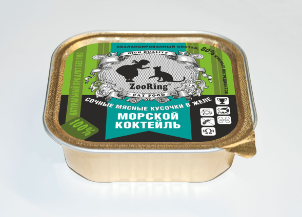 ZooRing - Консервы для кошек, кусочки в желе Морской коктейль, 100 гр