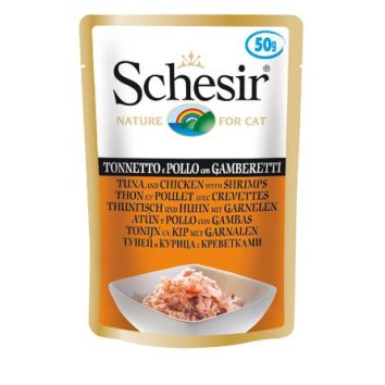 Schesir - Паучи для взрослых кошек с тунцом, цыпленком и креветками 50 гр