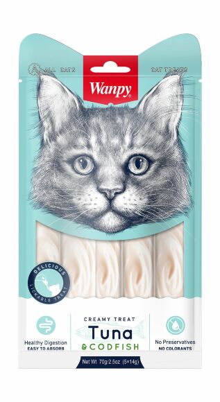 Wanpy Cat - Лакомство для кошек «нежное пюре» из тунца и трески 70 г