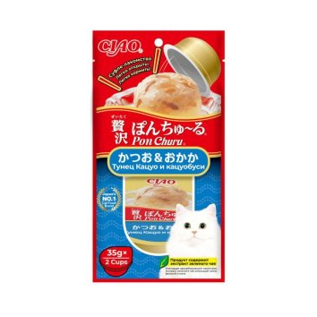Inaba Ciao Churu Pon - Крем - лакомство для кошек, тунец кацуо и кацуобуси, 35 г