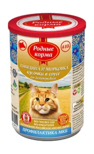 Родные Корма - полнорационный консервированный корм для кошек с говядиной и морковкой кусочки в соусе по-лениградски, 410 гр