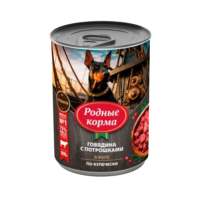 Родные Корма - Консервы для собак, говядина с потрошками в желе по-купечески
