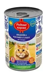 Родные Корма - полнорационный консервированный корм для кошек с индейкой кусочки в соусе по-елецки, 410 гр