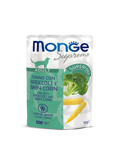 Monge Supreme - Консервы для взрослых кошек с брокколи и мини-кукурузой, паучи 80 г