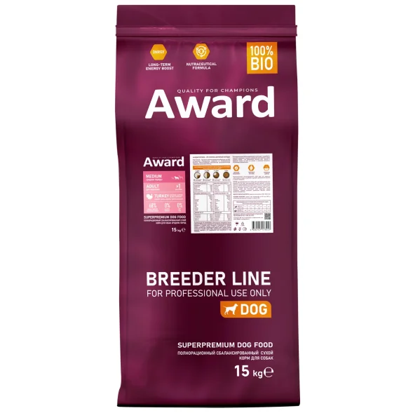 Award PFB - Сухой корм для взрослых собак средних пород с Индейкой и Курицей с добавлением Моркови и Черной смородины 15кг