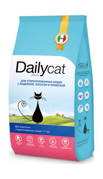 DailyCat - Сухой корм для стерилизованных кошек, с индейкой, лососем и креветками