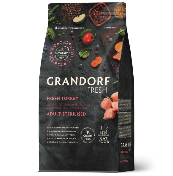 Grandorf Fresh Cat Turkey Sterilised - Сухой корм для стерелизованных кошек, диетическая формула для особо аллергичных кошек, с индейкой и бататом