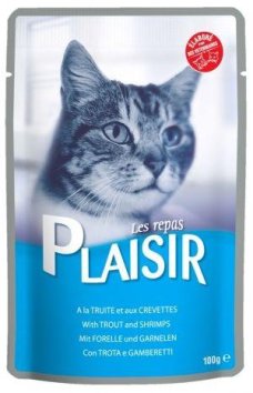 Plaisir - Влажный корм (консервы) для кошек с форелью и креветками 100гр
