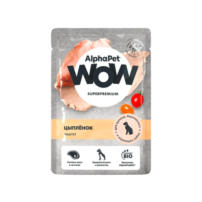 AlphaPet Wow СуперПремиум - Паштет для щенков, беременных и кормящих собак, цыпленок, 85гр AlphaPet Wow СуперПремиум - Паштет для щенков, беременных и кормящих собак, цыпленок, 85гр