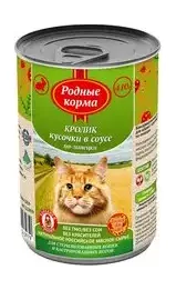 Родные Корма - полнорационный консервированный корм для кошек с кроликом кусочки в соусе по-липецки , 410 гр