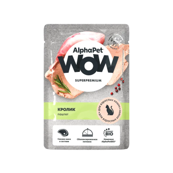 AlphaPet Wow СуперПремиум - Влажный полнорационный корм для взрослых кошек, паштет с кроликом, 85гр