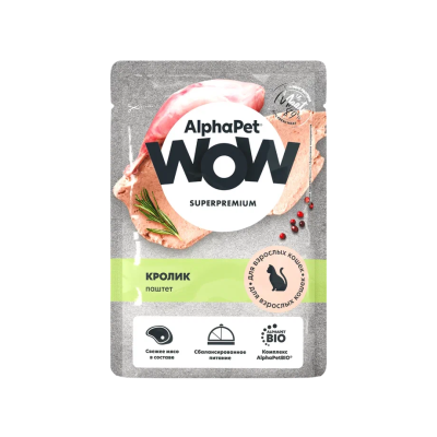 AlphaPet Wow СуперПремиум - Влажный полнорационный корм для взрослых кошек, паштет с кроликом, 85гр AlphaPet Wow СуперПремиум - Влажный полнорационный корм для взрослых кошек, паштет с кроликом, 85гр