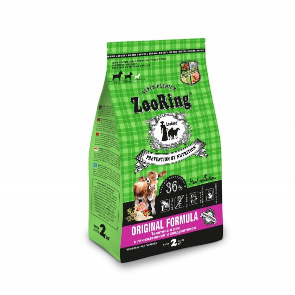 ZooRing Original Formula - Сухой корм для собак средних и крупных пород, телятина и рис, с глюкозамином и хондроитином
