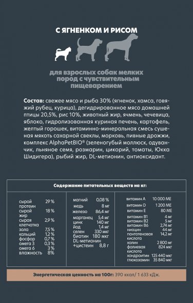AlphaPet СуперПремиум - Сухой корм для собак мелких пород с чувствительным пищеварением, с Ягненком и Рисом